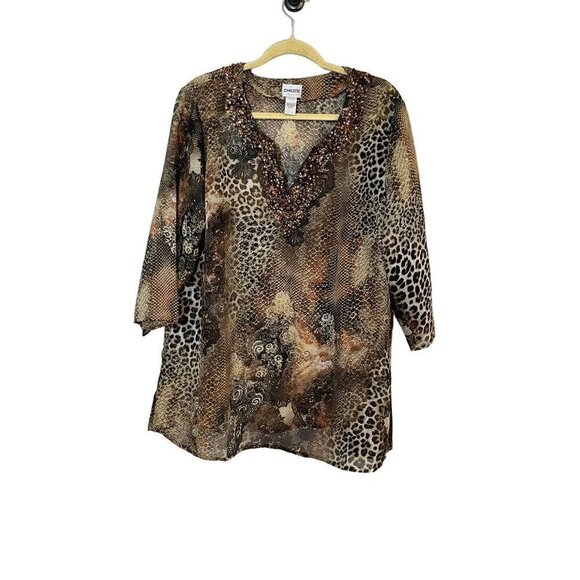 Chicos Top XL Brown Animal Print Tunic Sequin Neutral Twee Western 80s Safari - Picture 1 of 12